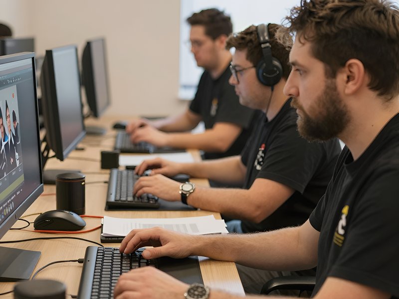 Команда разработчиков читов для Counter-Strike Source работает за компьютерами в современном офисе