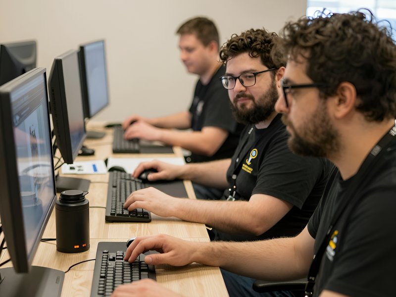 Команда разработчиков читов для Counter-Strike Source работает за компьютерами в современном офисе